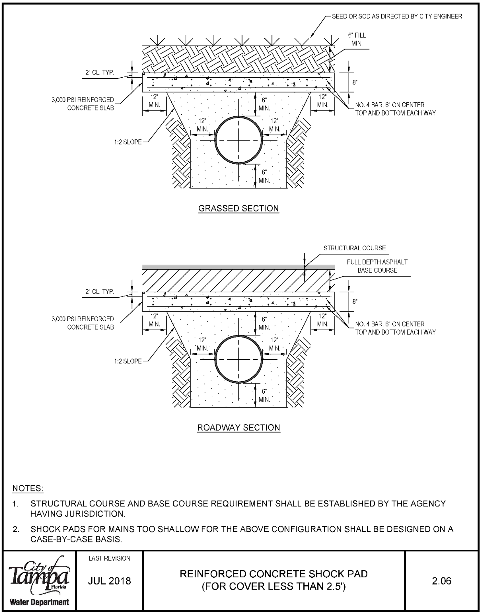 Engineering drawing showing reinforced concrete shock pad details for grassed and roadway sections, with construction notes and structural requirements.