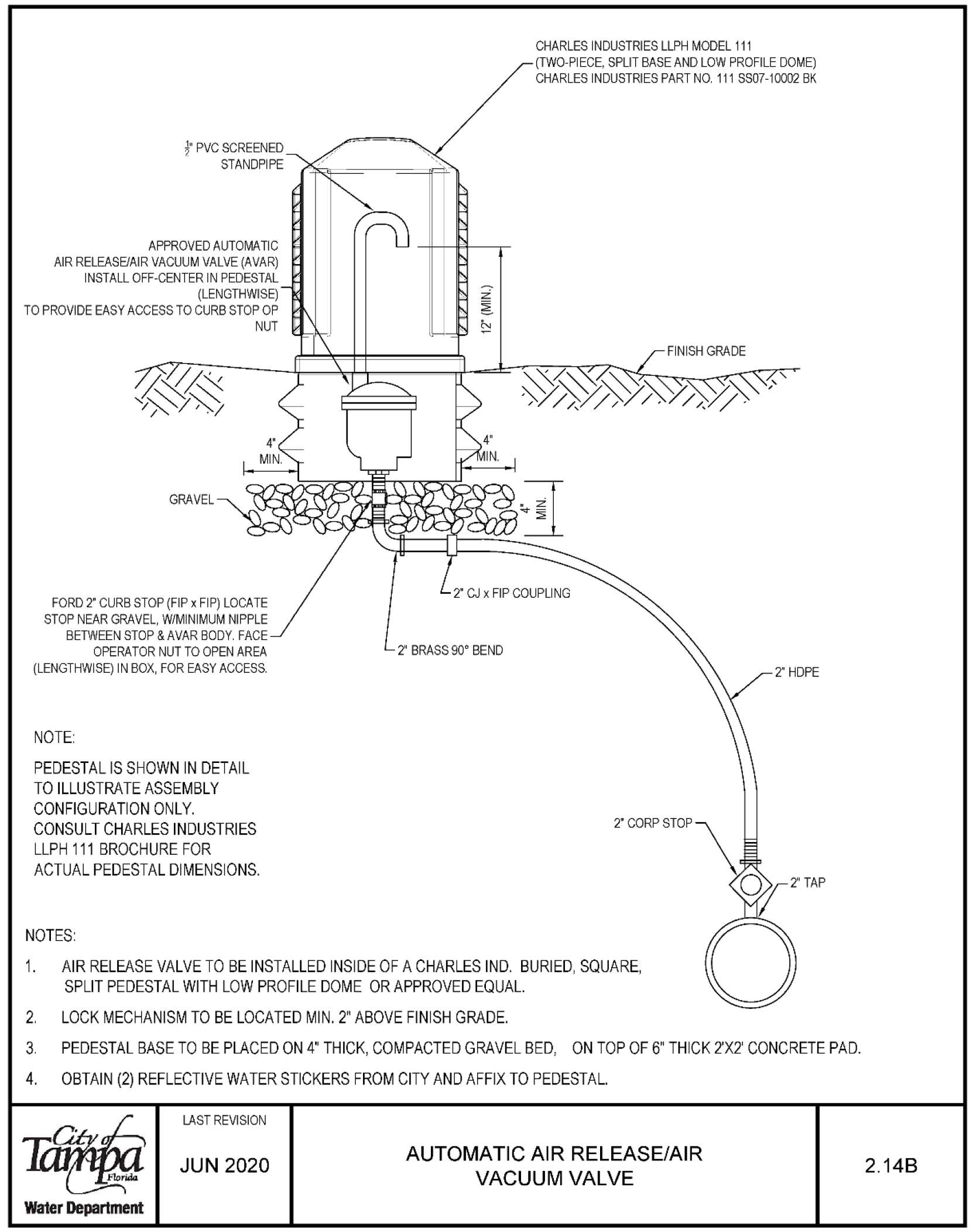 Diagram of an automatic air release/vacuum valve installation, including specifications for location and components.