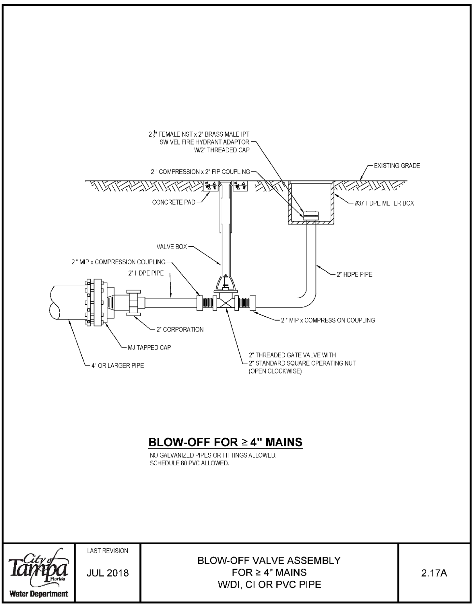 Diagram of a blow-off valve assembly for 2" and 4" mains, featuring various pipe connections and components.