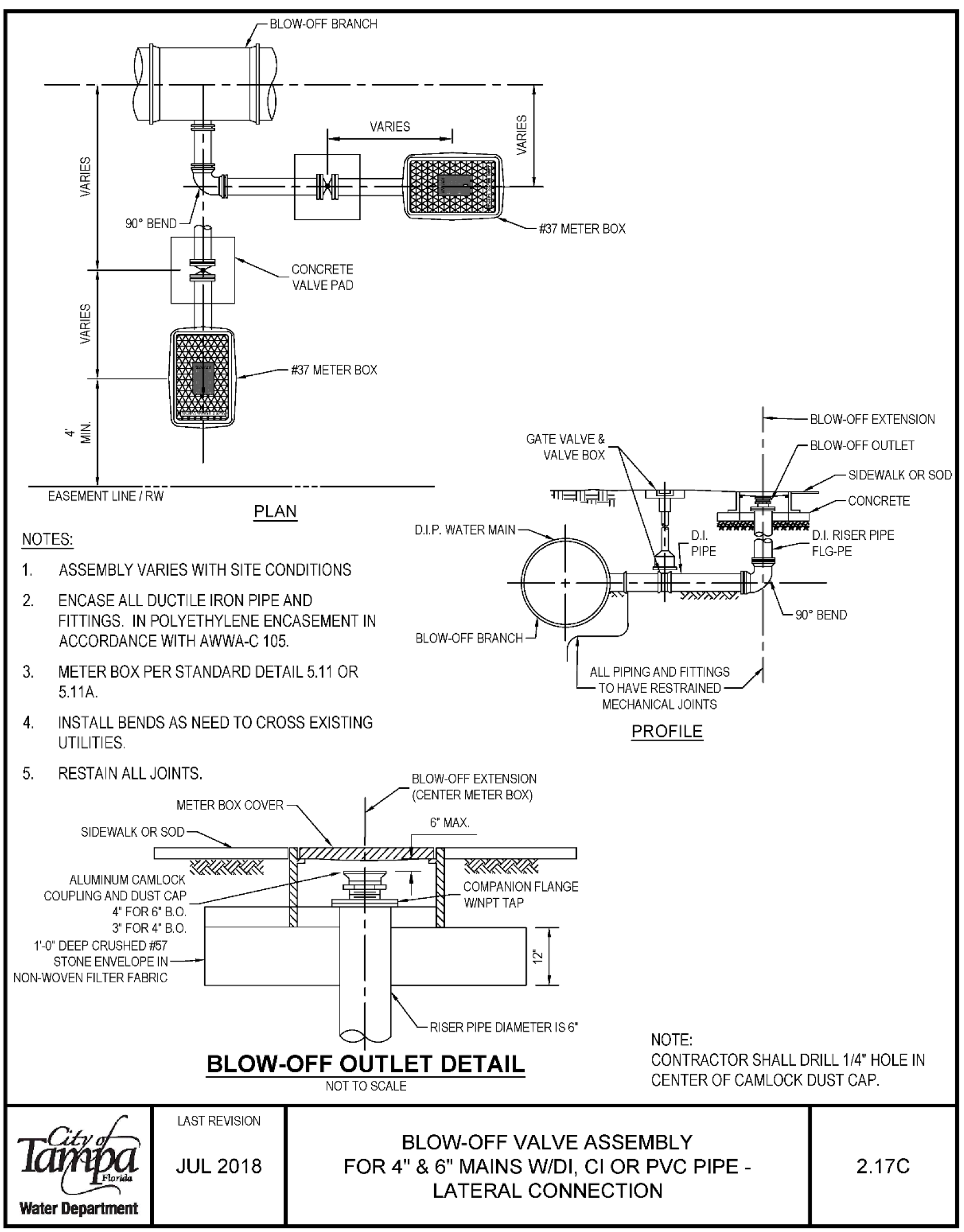 Engineering diagram for blow-off valve assembly for 4" & 6" mains with detailed specifications and installation instructions.