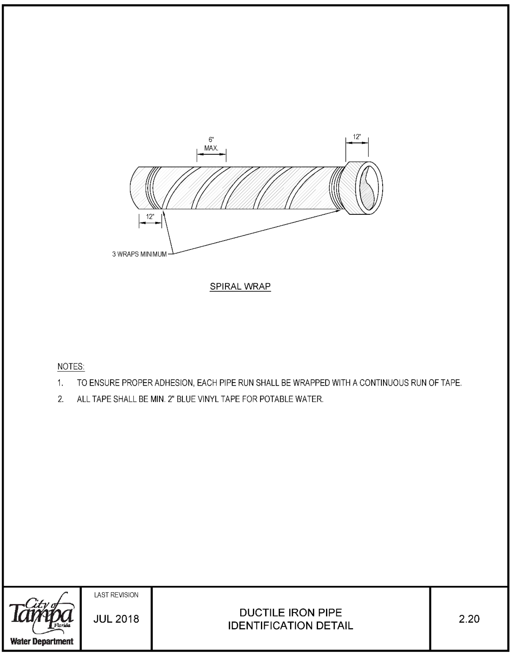Technical drawing of a ductile iron pipe showing spiral wrap details and specifications for tape usage.