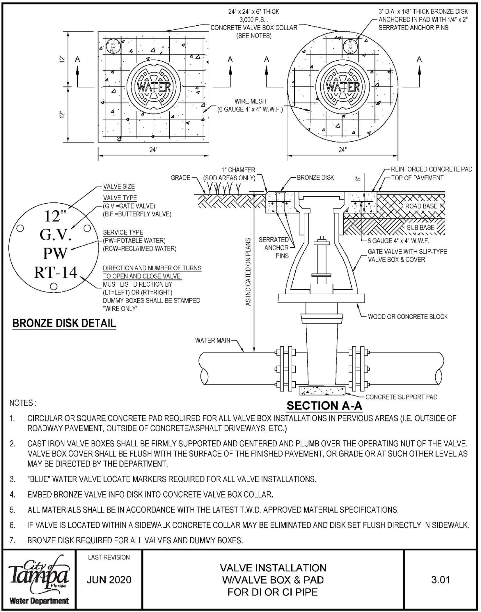 Diagram detailing valve installation, including dimensions and materials for a bronze disk valve box and support pad.