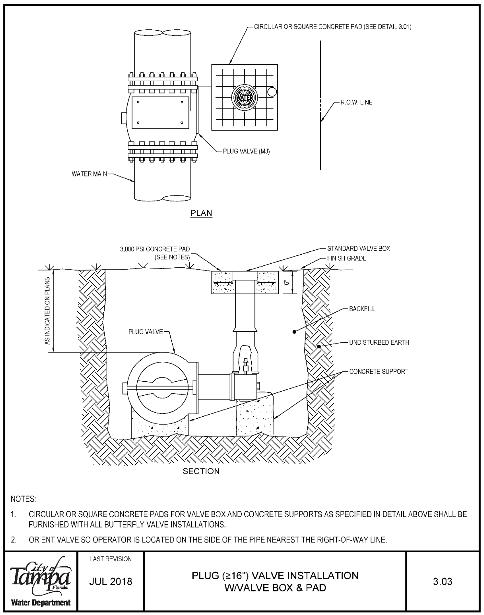 Diagram showing plan and section for valve installation with specifications for concrete pad, valve box, and alignment details.