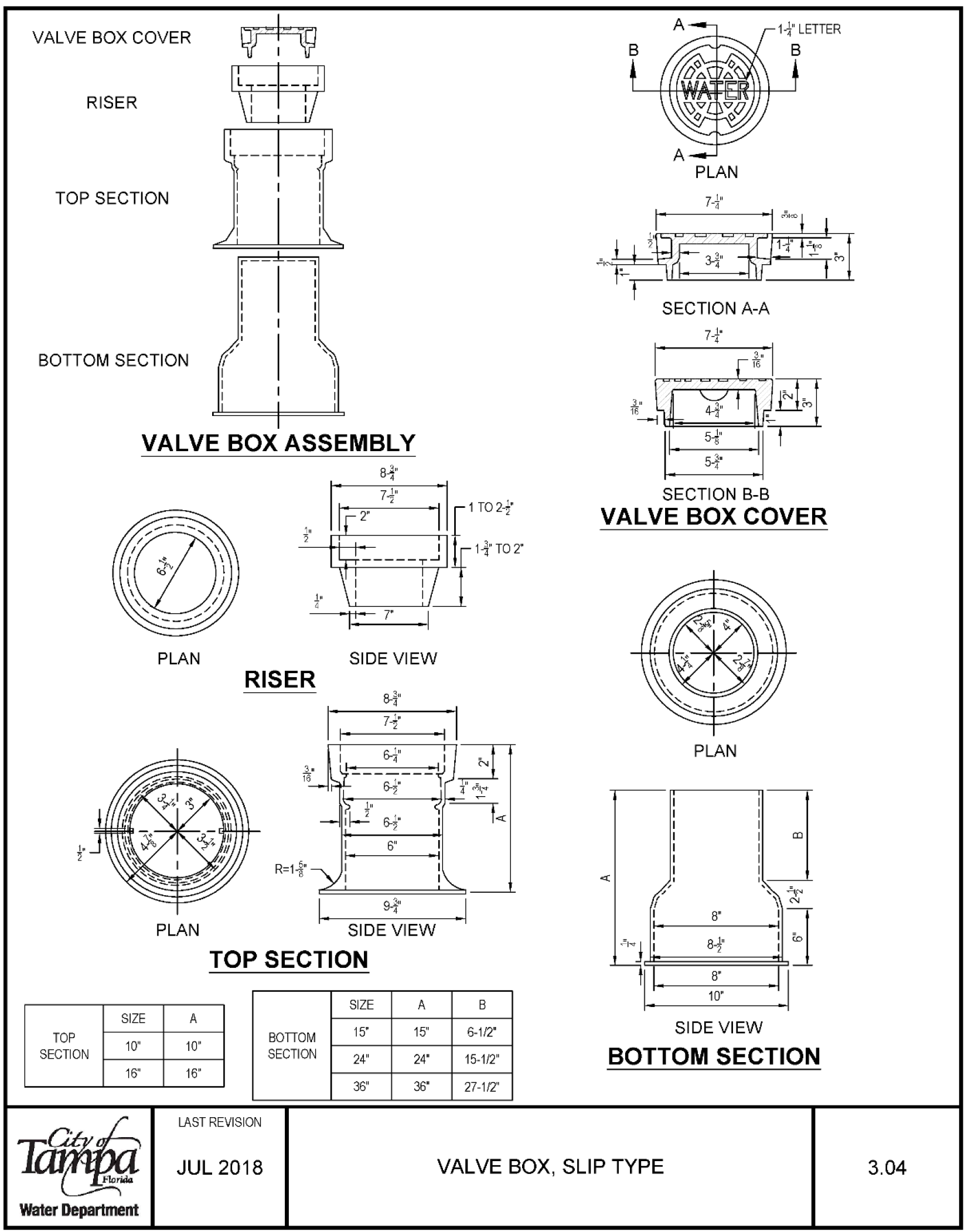 Engineering diagram of a valve box assembly, including top and side views, dimensions, and sections labeled for clarity.