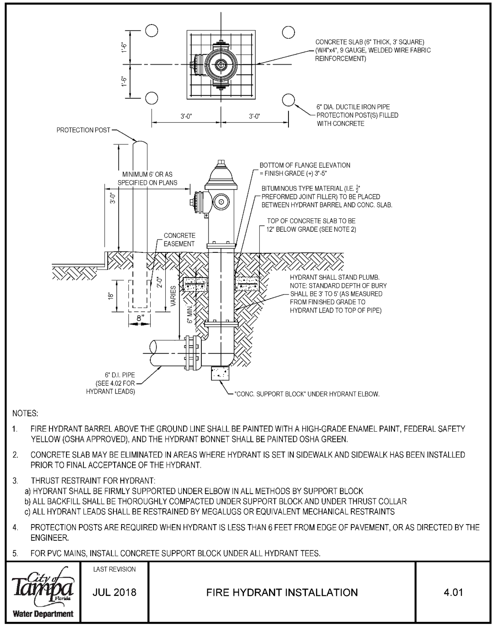 Diagram illustrating fire hydrant installation, featuring dimensions, materials, and placement guidelines as per Tampa Water Department specifications.