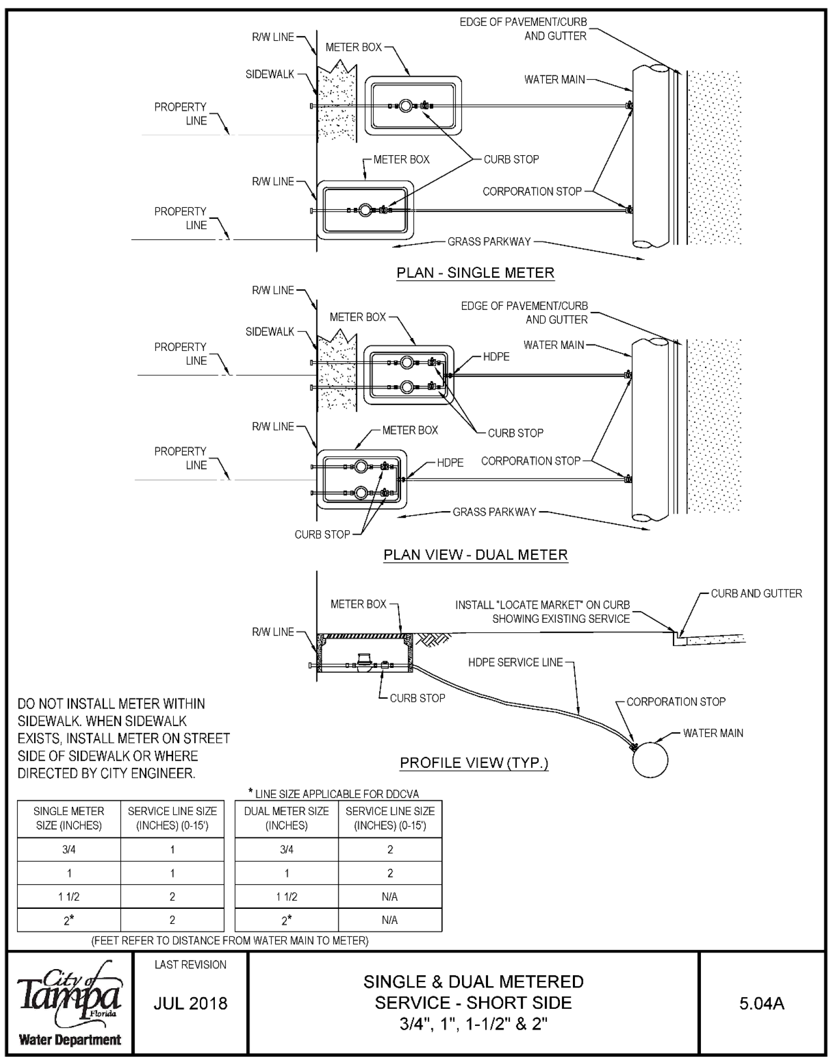 Diagram showing plans and profile views for single and dual metered water service installations, with instructions and specifications.