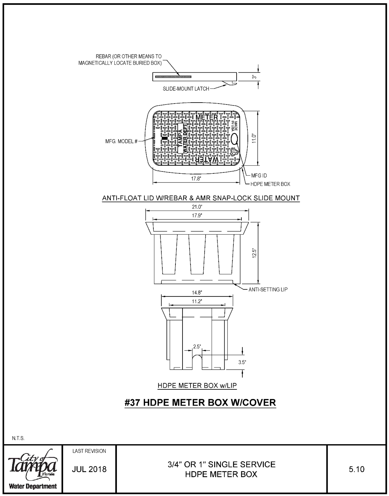 Technical drawing of a HDPE meter box with cover, including dimensions and assembly details.