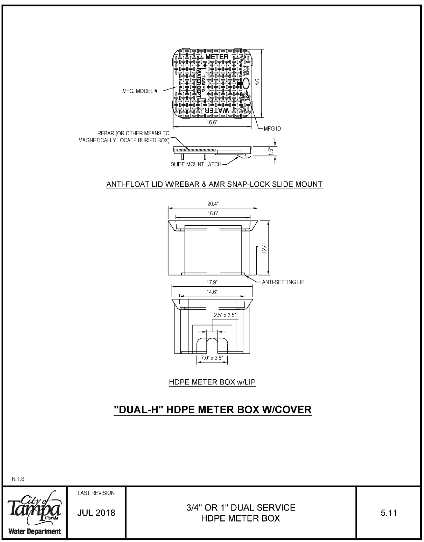 Technical diagram of a 'Dual-H' HDPE meter box with cover, including dimensions and installation details.