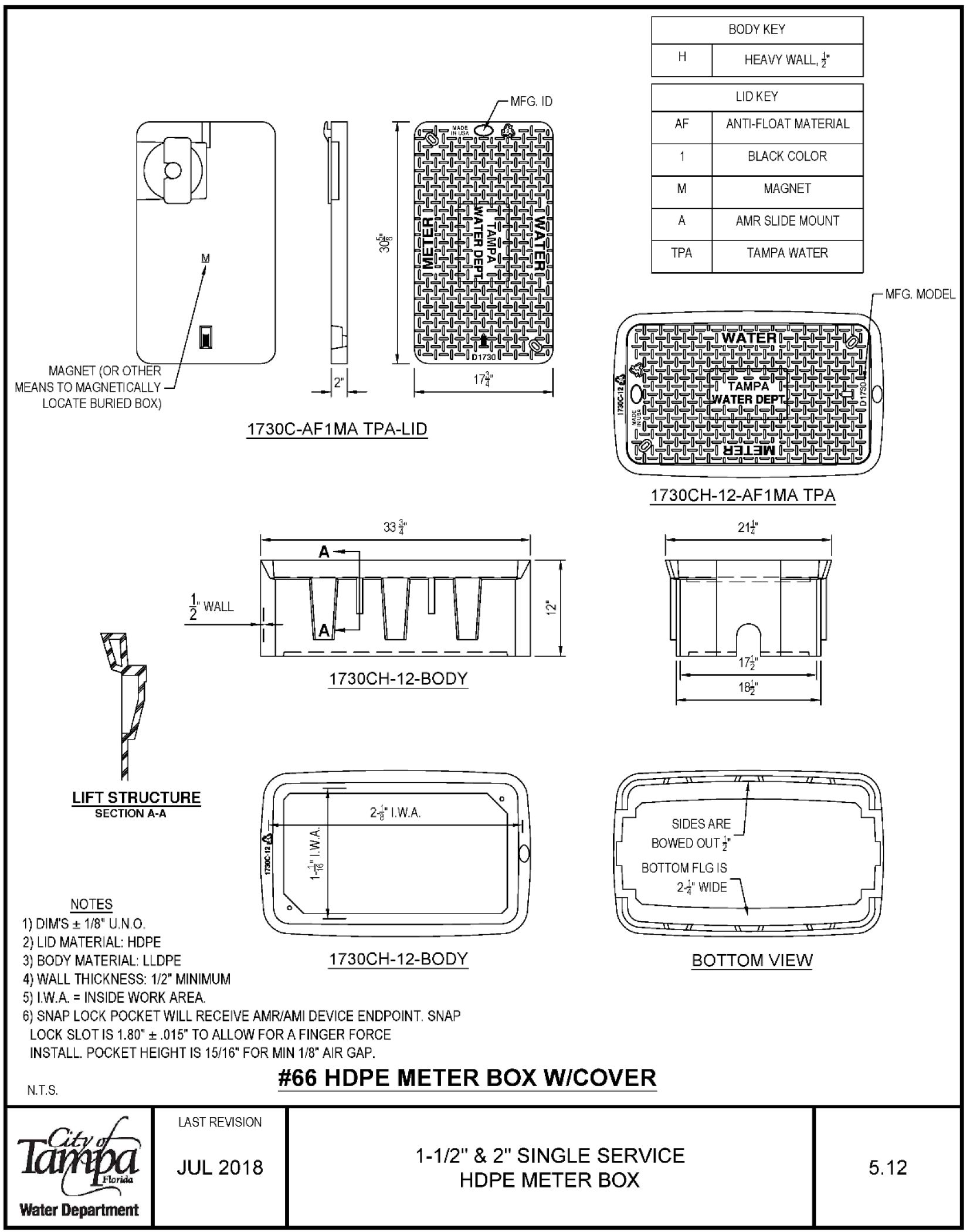 Schematic diagram of a HDPE meter box with dimensions and specifications for installation by the Tampa Water Department.