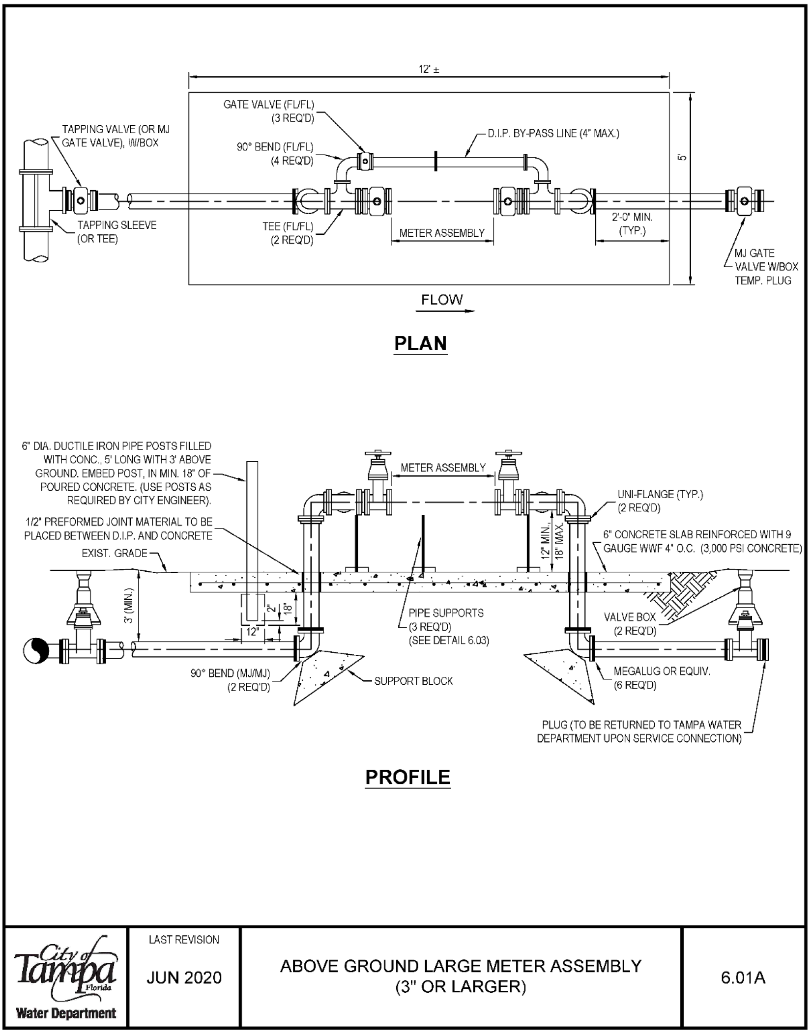 Blueprint showing above ground large water meter assembly with labeled components including tapping valve, pipe supports, and flow direction.