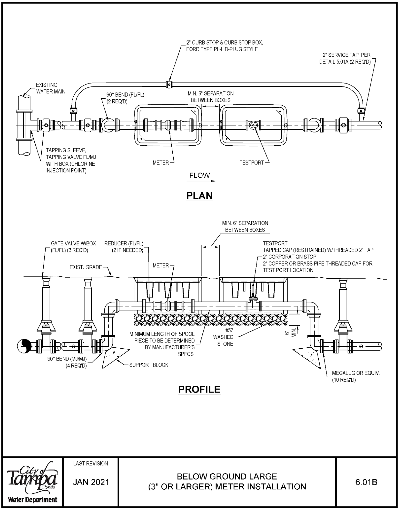 Diagram illustrating below ground large meter installation, showing various components and flow direction, with labeled sections and configurations.