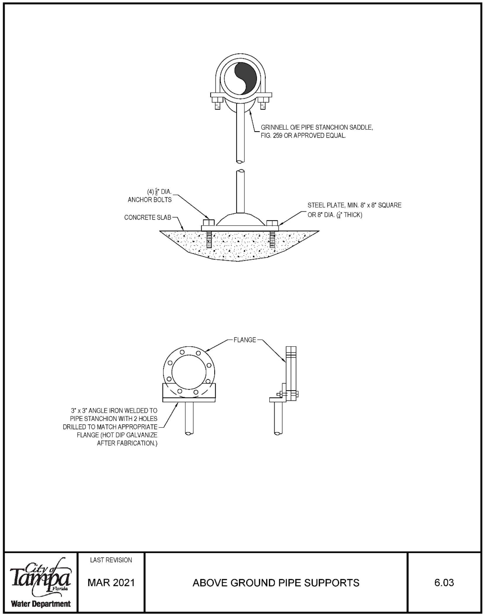 Diagram of above ground pipe supports including details on flange, concrete slab, and anchor bolts for installation.