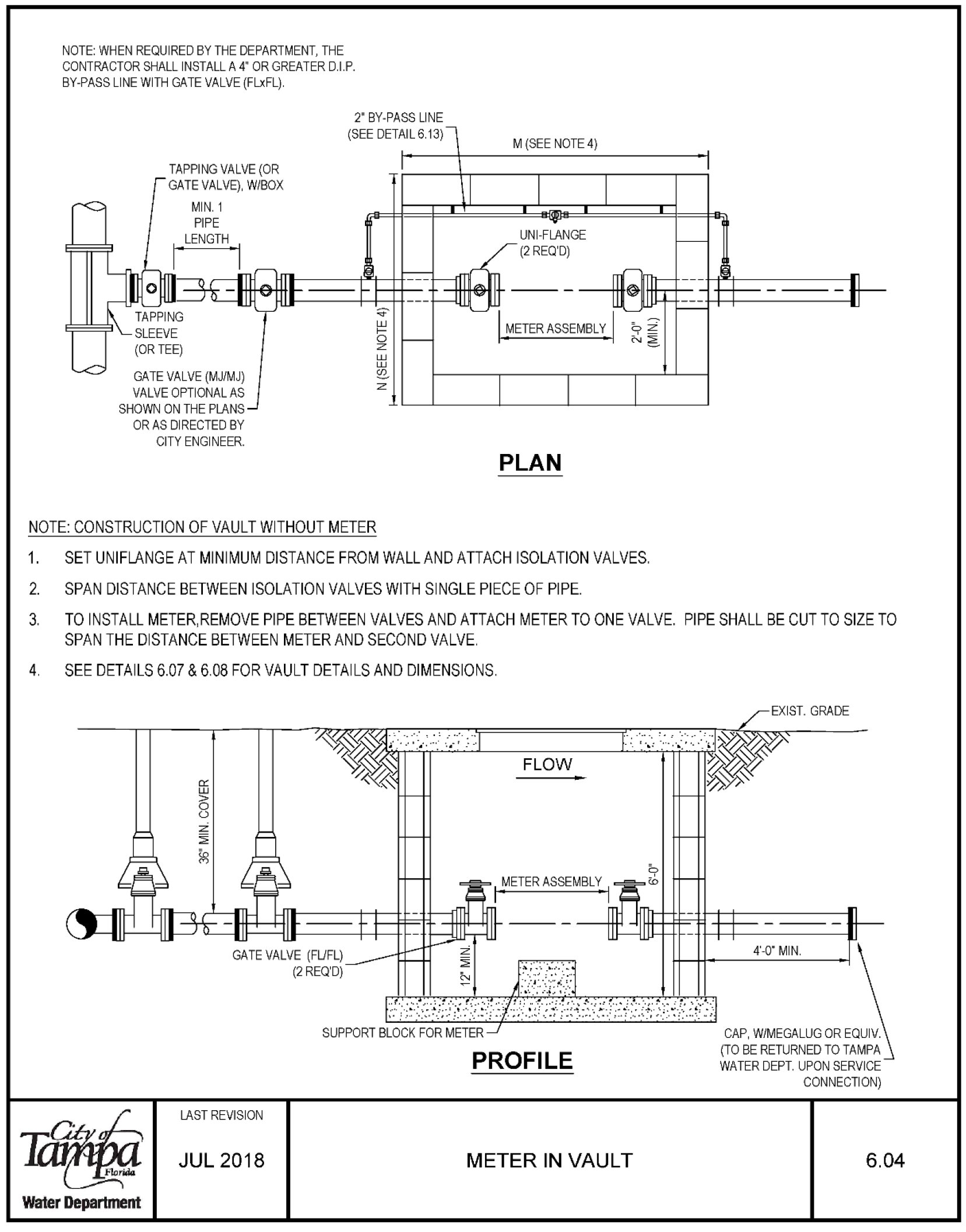 Technical diagram showing water meter installation with plan and profile views, including dimensions and placement of valves and pipes.