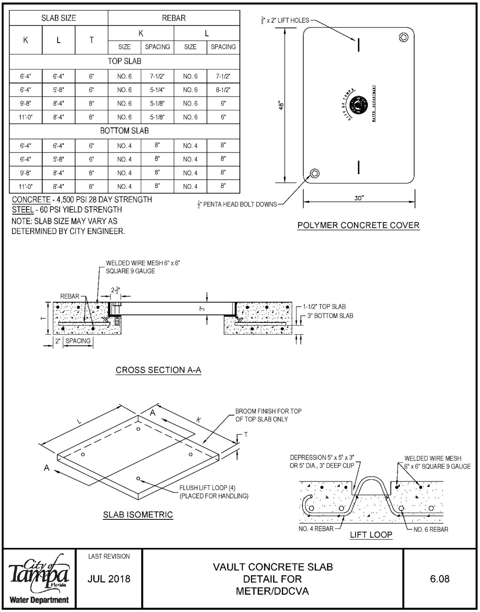 Technical drawing of a vault concrete slab detail, including specifications for rebar, lift loops, and polymer concrete cover.