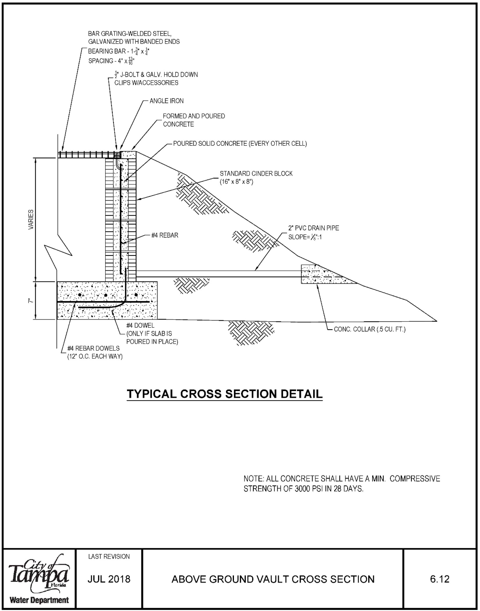 Schematic diagram showing a typical cross-section detail for an above-ground vault, including structural components and specifications.