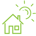 Stylized green house with a leaf, arrows indicating eco-friendliness and sustainability.
