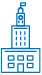 A blue stylized illustration of a building with a clock tower and various geometric shapes.