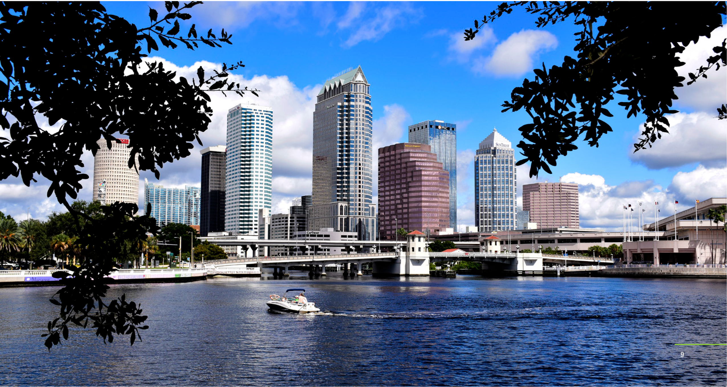 City skyline of Tampa, Florida, featuring modern skyscrapers and a boat on the water, under a blue sky with clouds.