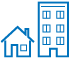Simple blue house icon with a slanted roof and a square window.