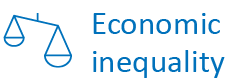 Illustration depicting economic inequality, featuring a balance scale and geometric shapes.