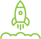 A stylized green rocket icon, representing space exploration or innovation.