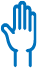 An abstract blue hand symbol representing interaction or support, with stylized fingers and a rounded palm design.