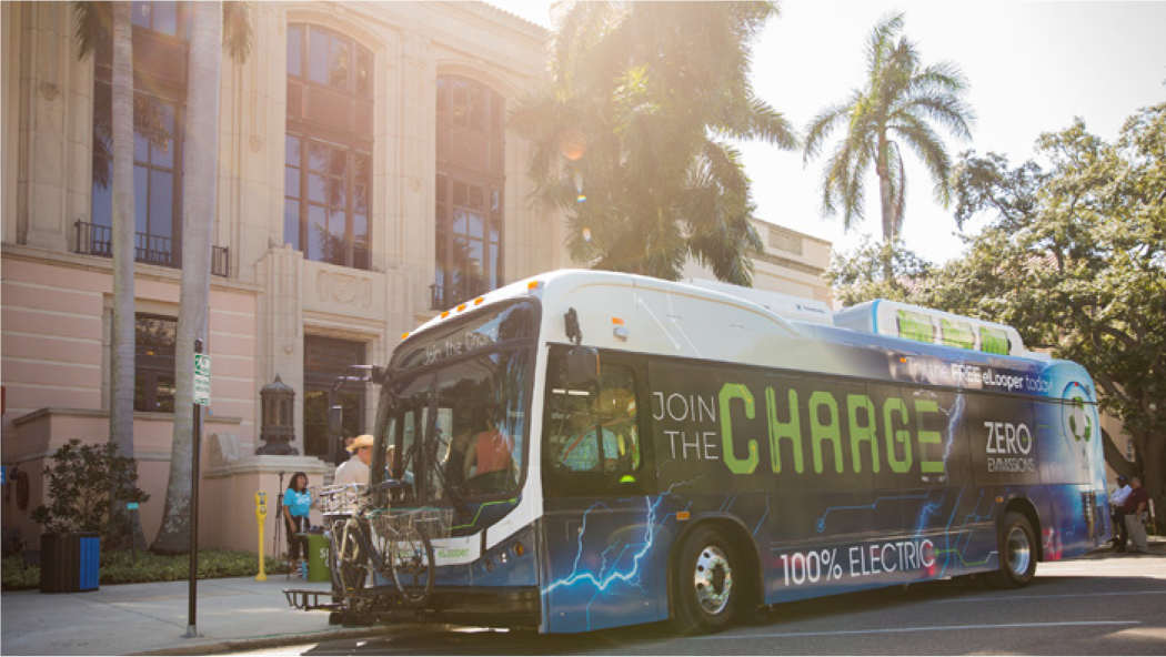 An electric bus with promotional graphics parked outside a grand building, surrounded by palm trees and people.