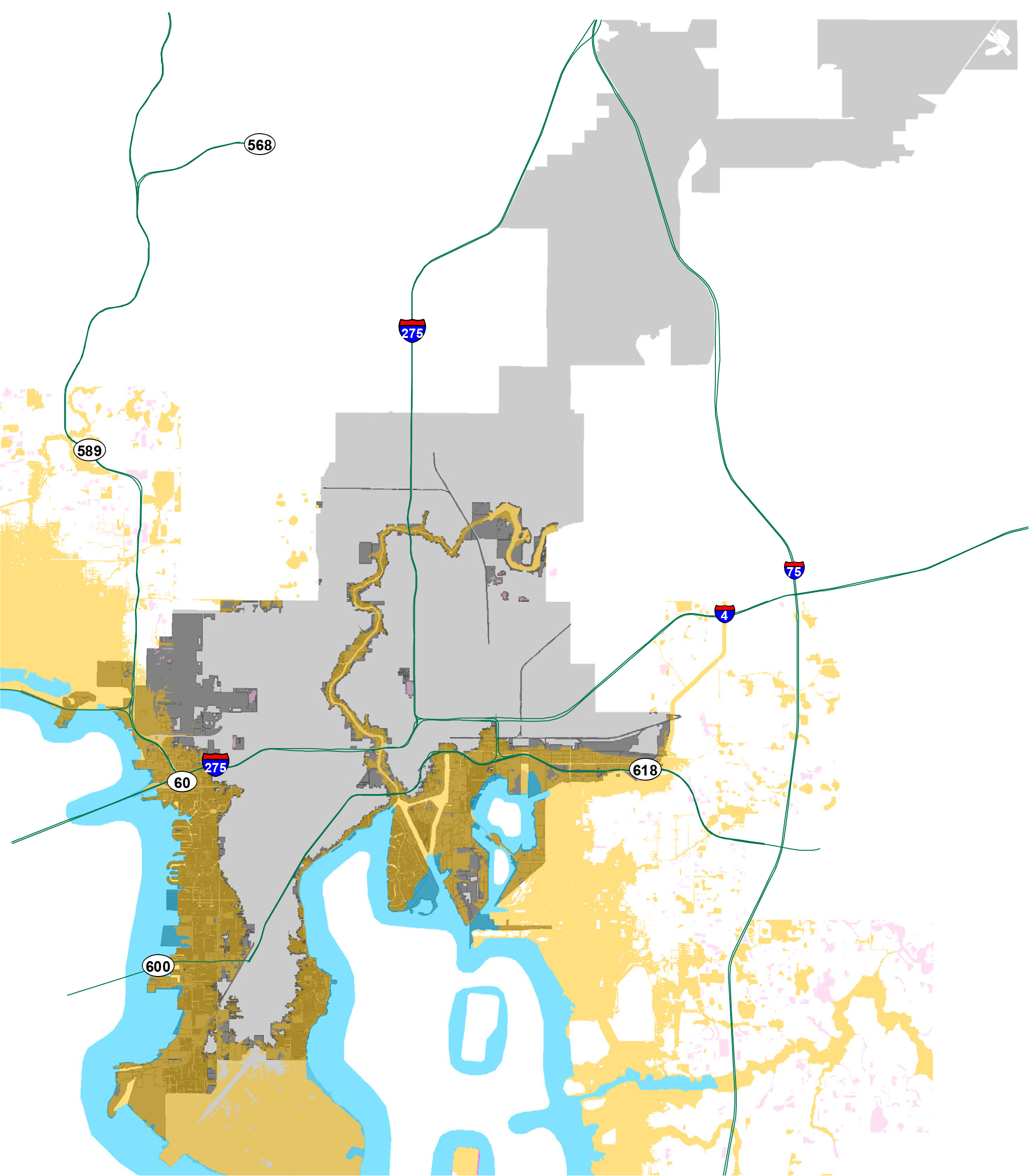 Map showing a city layout with roads, rivers, and shaded areas indicating different regions or zones.