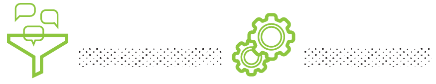 Two green icons: a speech bubble funnel on the left and interconnected gears on the right, symbolizing conversation and process.