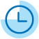 A blue clock icon with a circular design and a pointing hand indicating time.