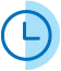 A blue outline of a clock with hour and minute hands indicating the time.