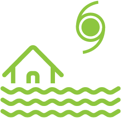 A green icon depicting a house partially submerged in water, with waves below and a circular symbol above.