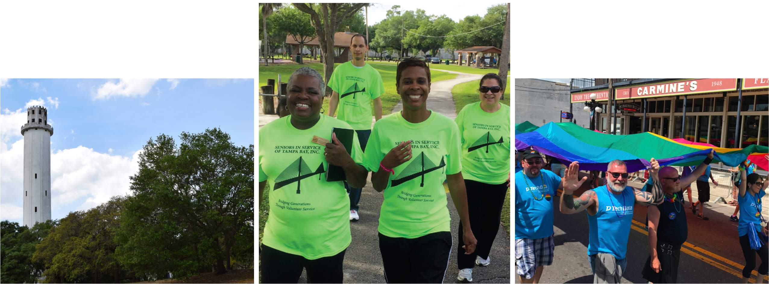 Image collage: a lighthouse, runners in bright shirts, and a diverse group holding a large rainbow flag.
