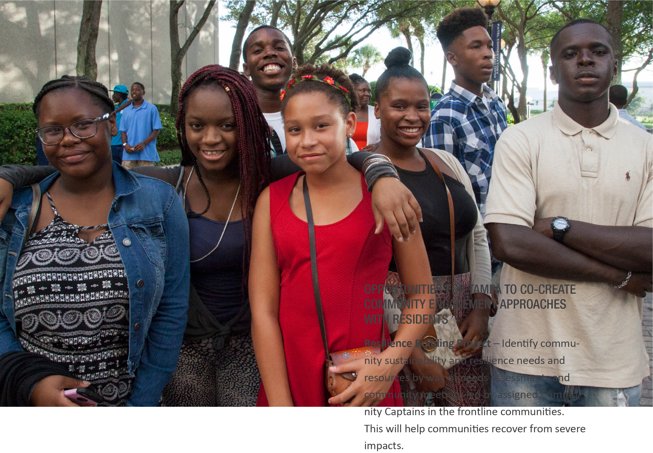 A group of smiling diverse young people standing together outdoors, promoting community engagement and recovery efforts.