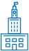 A blue graphic of a tower with a clock and a small figure on top, symbolizing architecture or a landmark.
