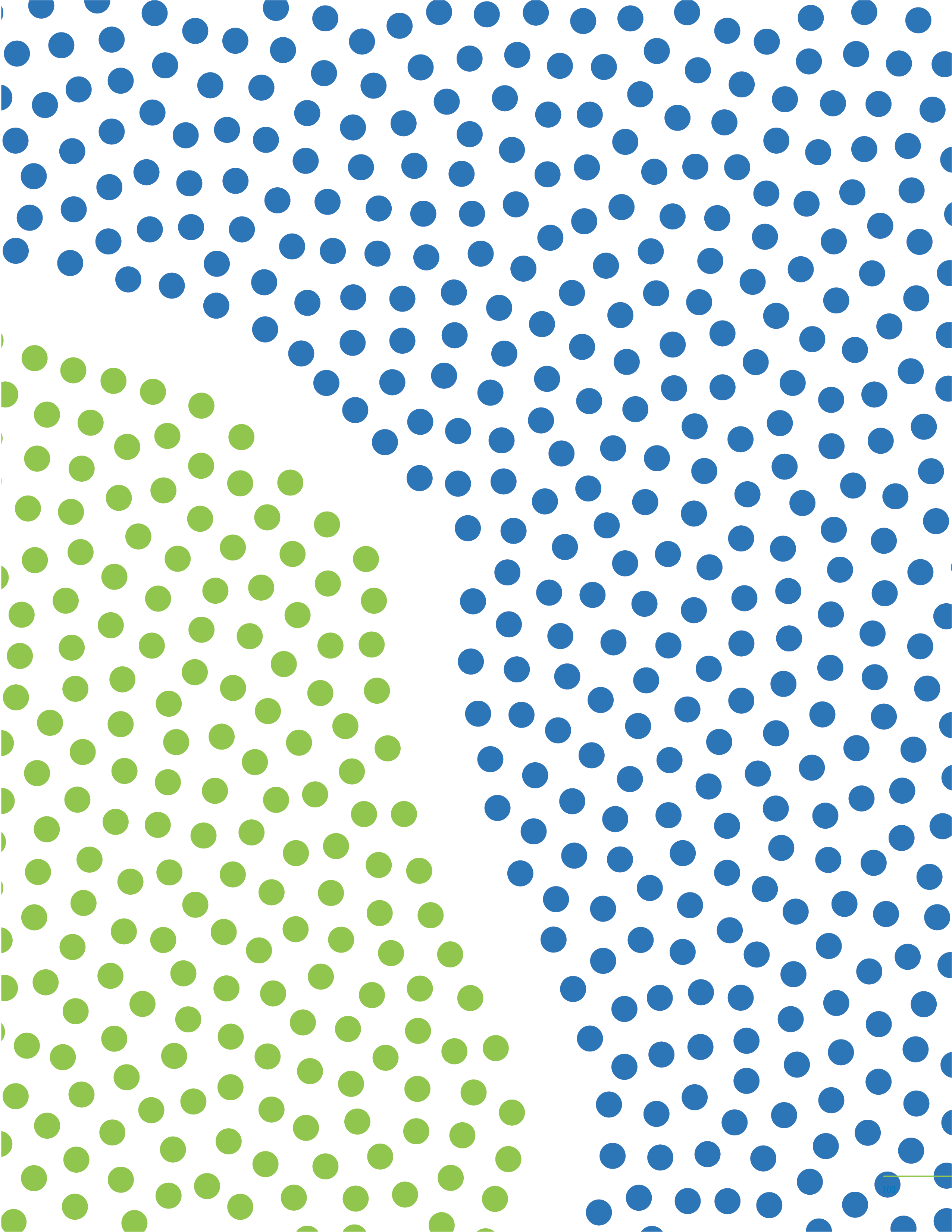 Abstract pattern of green and blue dotted areas on a white background.