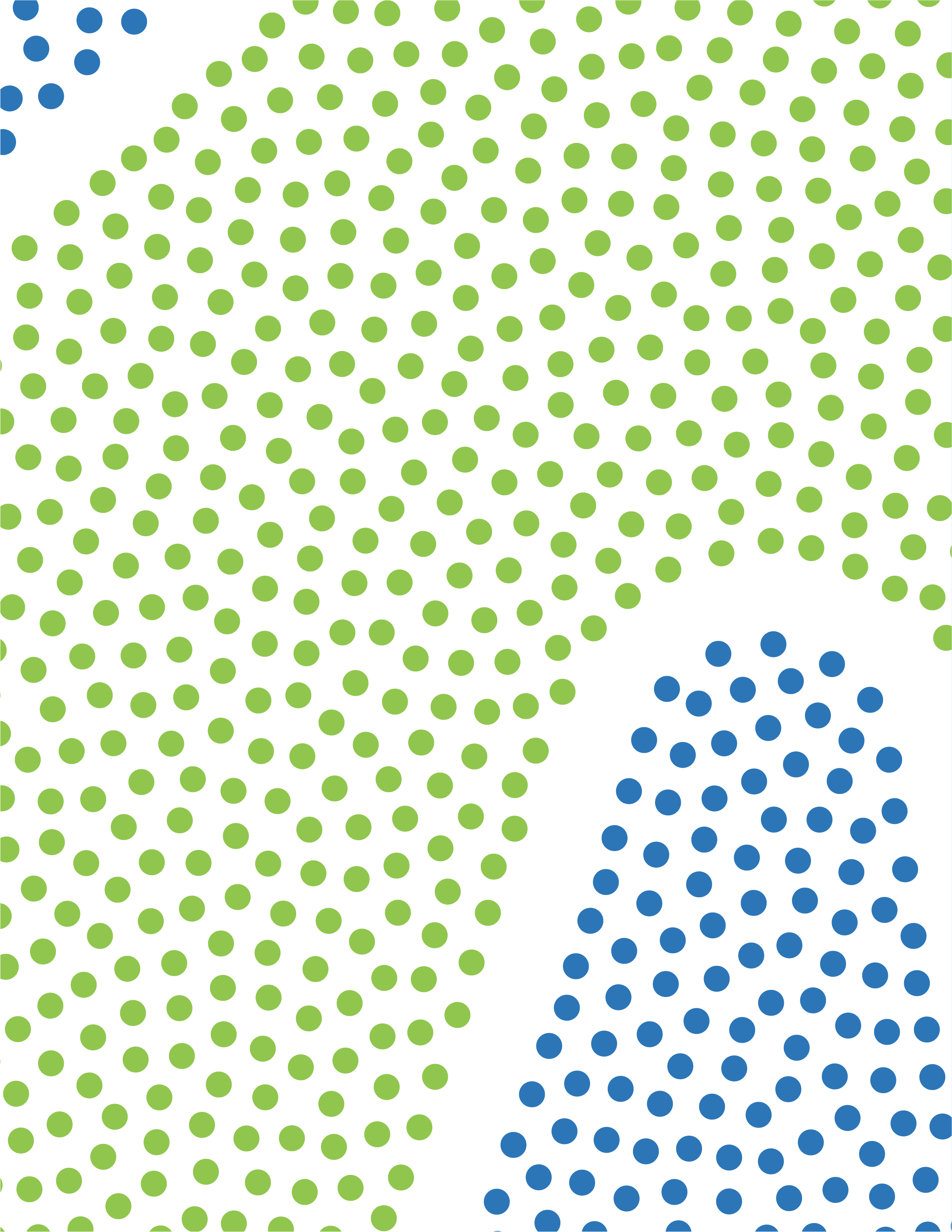 Pattern of green and blue dots arranged in abstract shapes on a white background.