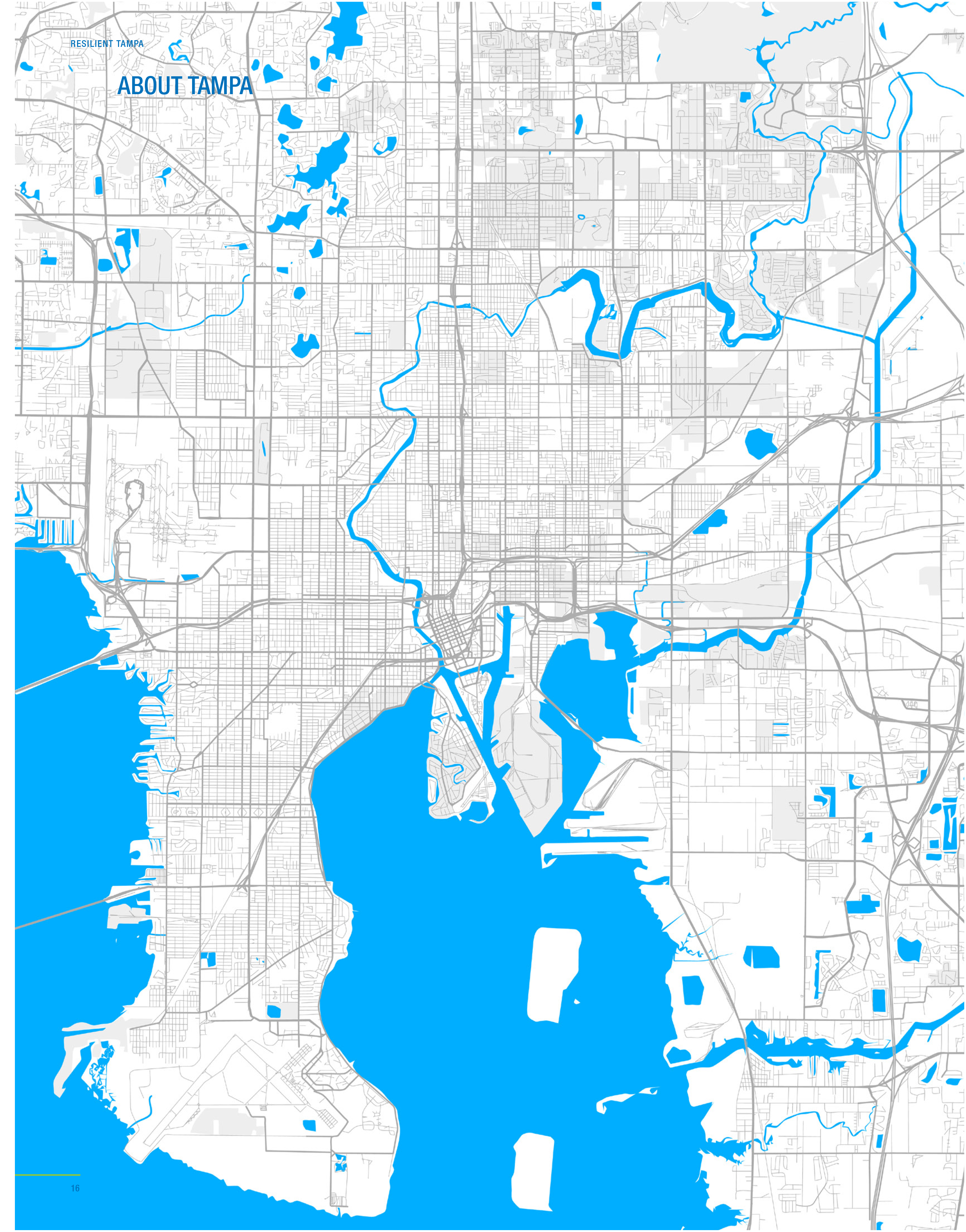 Map of Tampa, highlighting major roads, water bodies, and urban areas in a blue and gray color scheme.