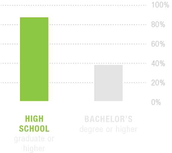 Bar graph comparing high school graduates to those with a bachelor's degree or higher, highlighting high school completion rate.