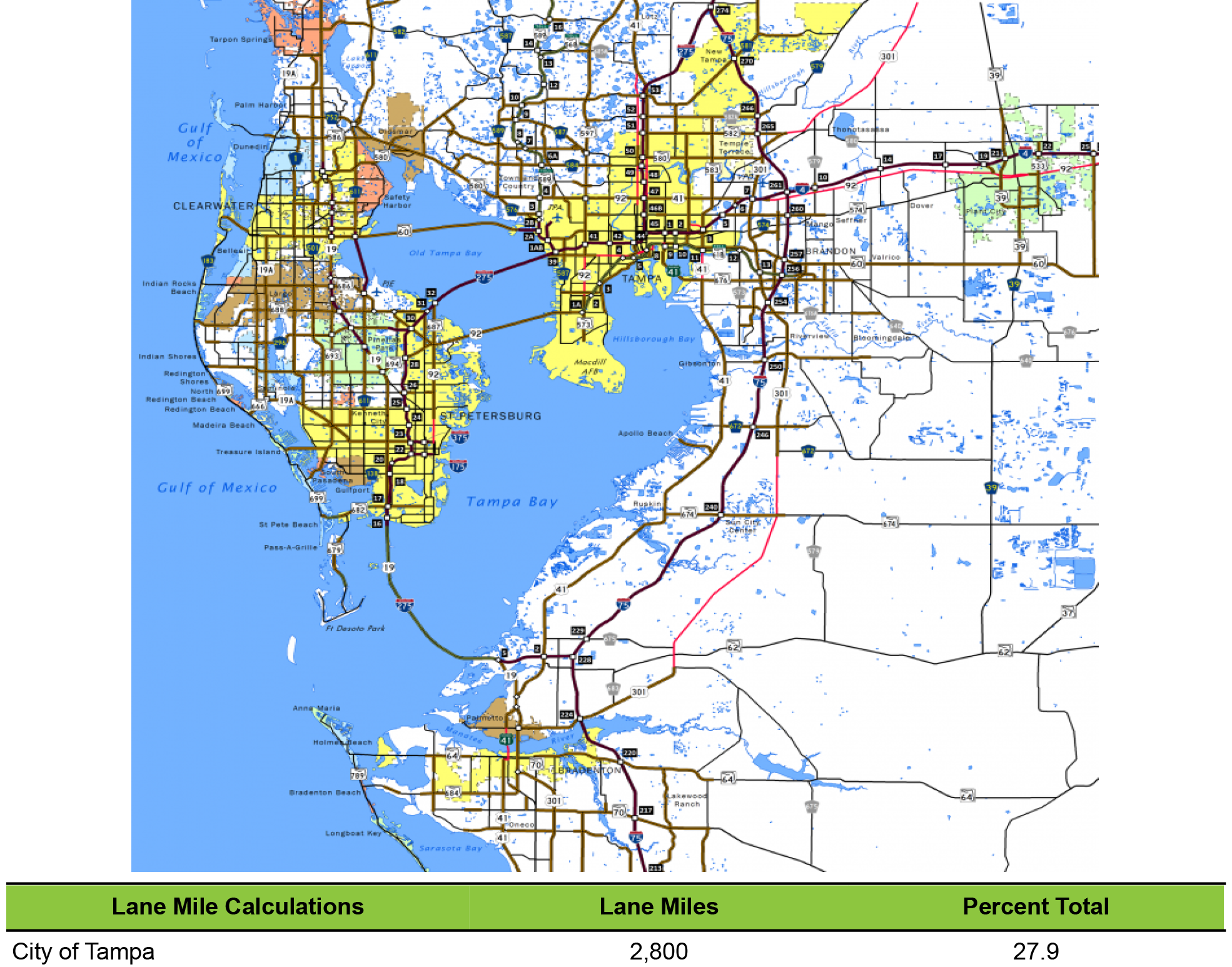 Map of the City of Tampa showing lane mile calculations, including lane miles and percent total.