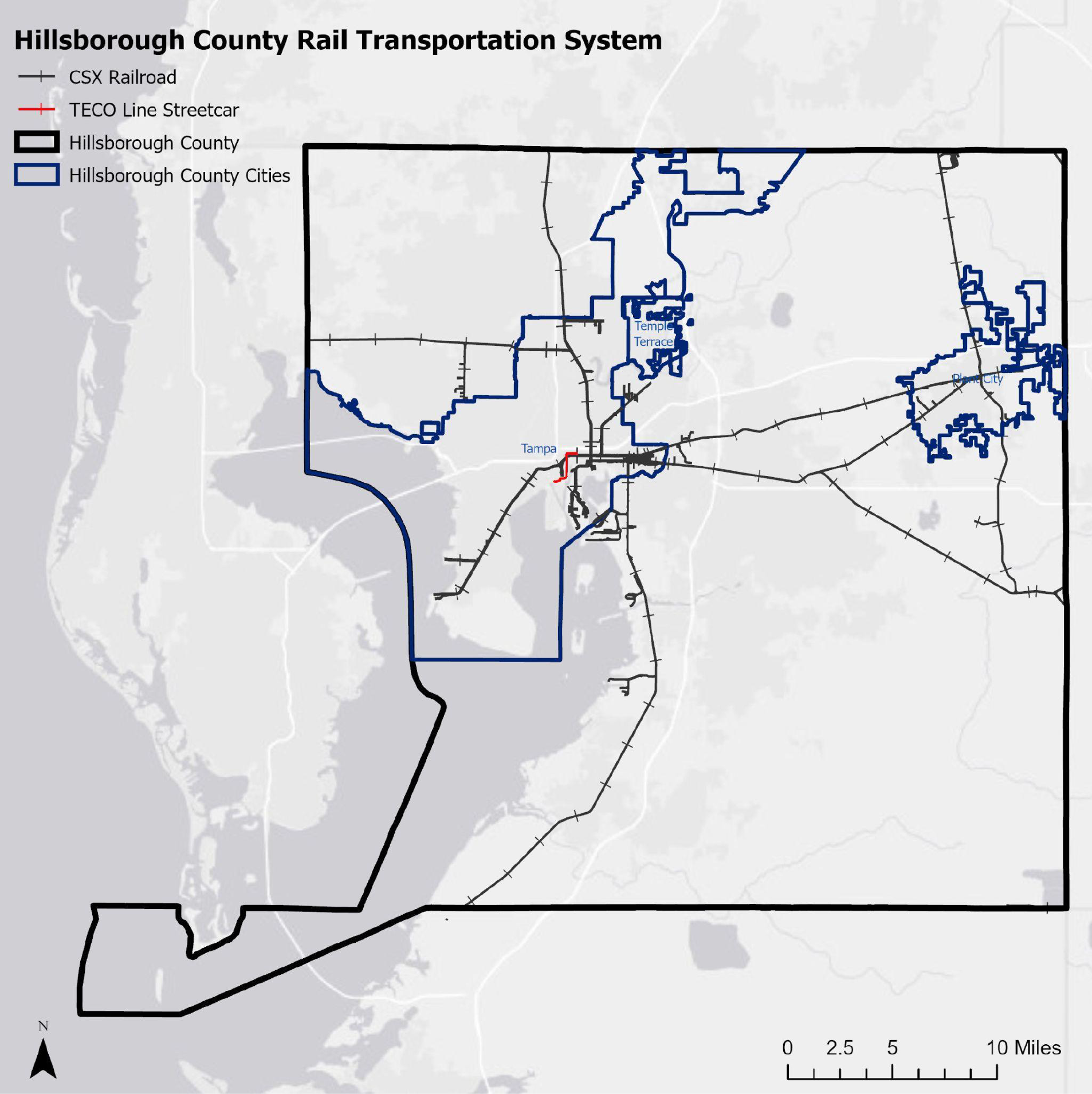 Map of Hillsborough County Rail Transportation System showing CSX Railroad, TECO Line Streetcar, and Hillsborough County cities.