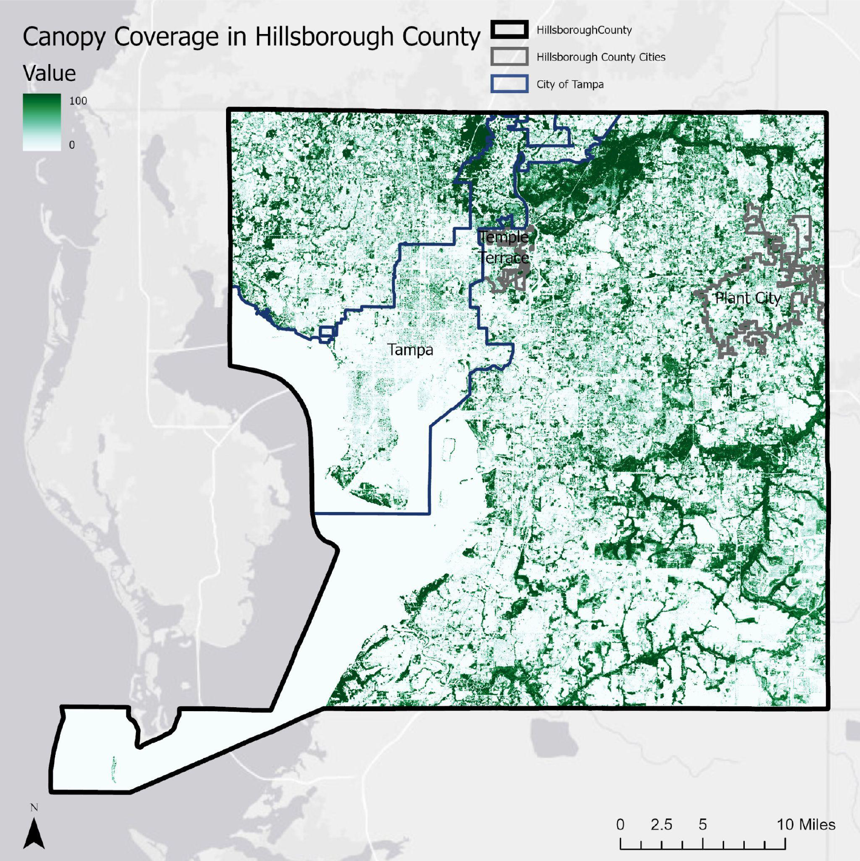 Map showing canopy coverage in Hillsborough County, highlighting Tampa with varying shades of green and borders of cities. Scale included.
