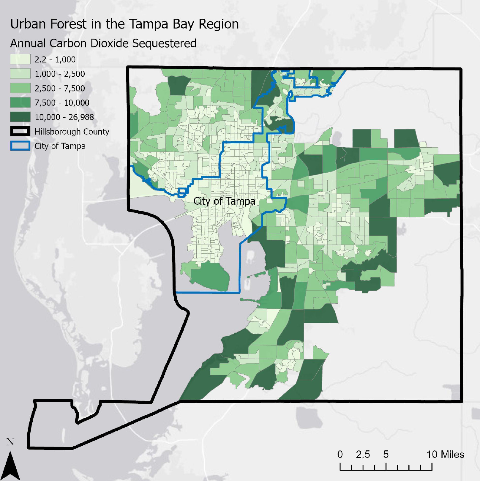 Map showing annual carbon dioxide sequestered by urban forest in the Tampa Bay region, highlighting the City of Tampa and Hillsborough County.