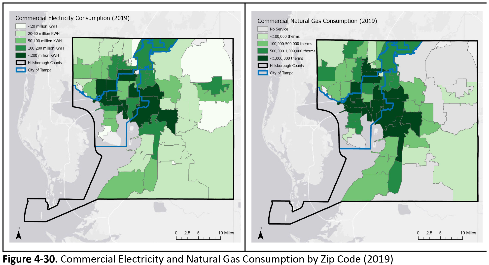 Maps showing commercial electricity and natural gas consumption by zip code in the Tampa area, with varying shades indicating consumption levels for 2019.