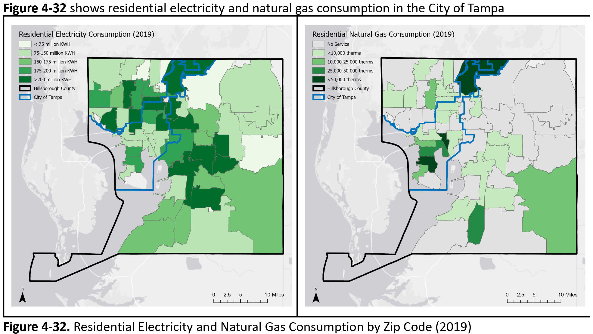 Maps showing residential electricity and natural gas consumption in Tampa by zip code for the year 2019.