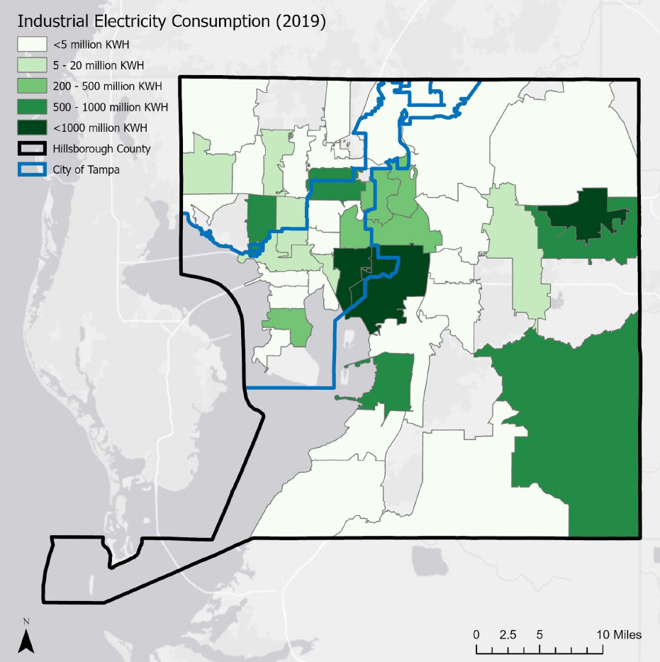 Map of Industrial Electricity Consumption in Hillsborough County, Florida, in 2019, highlighting different consumption ranges with varying colors.
