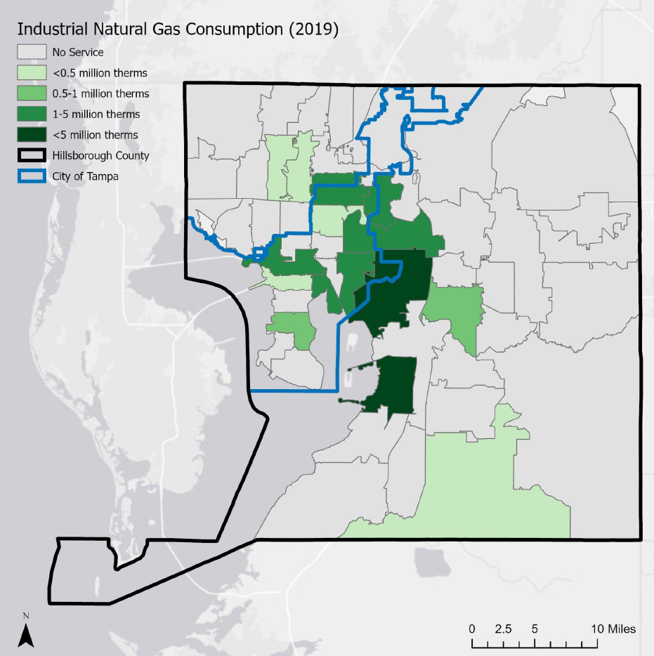 Map of industrial natural gas consumption in Tampa area, showing service areas and consumption levels in 2019.