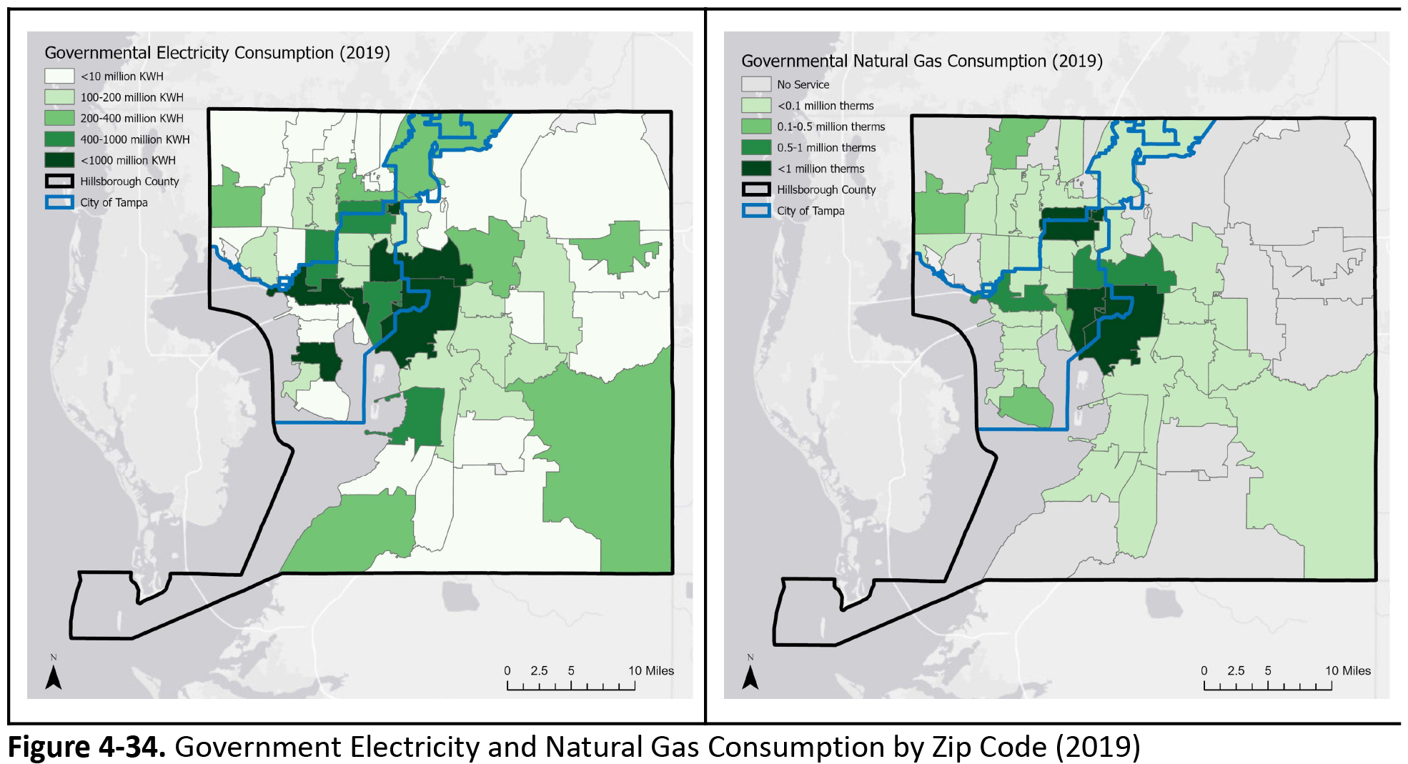 Maps showing governmental electricity and natural gas consumption by zip code in 2019, highlighting varying usage levels in different areas.