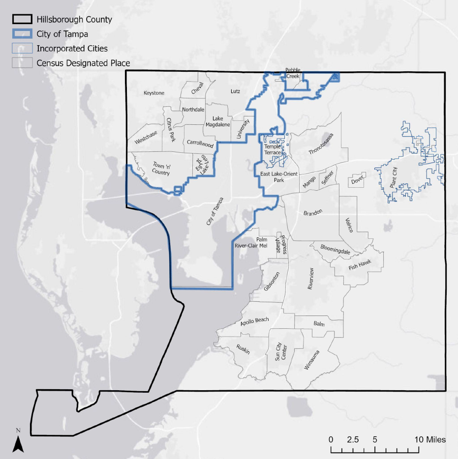 Map of Hillsborough County, Florida, showing the City of Tampa, incorporated cities, and census-designated places.
