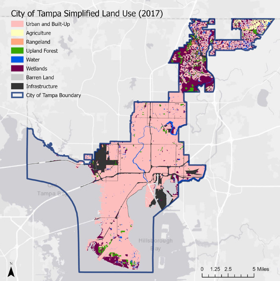 Map of Tampa showing simplified land use categories such as urban, agriculture, wetlands, and infrastructure for the year 2017.